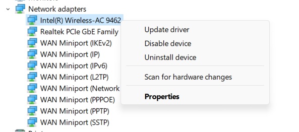Right-click on your primary WiFi card and select "Properties